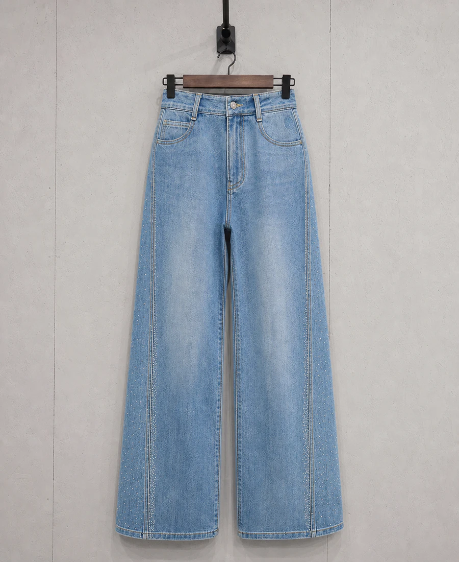 Light blue rhinestone wide-leg jeans sample produced by Beilin Denim