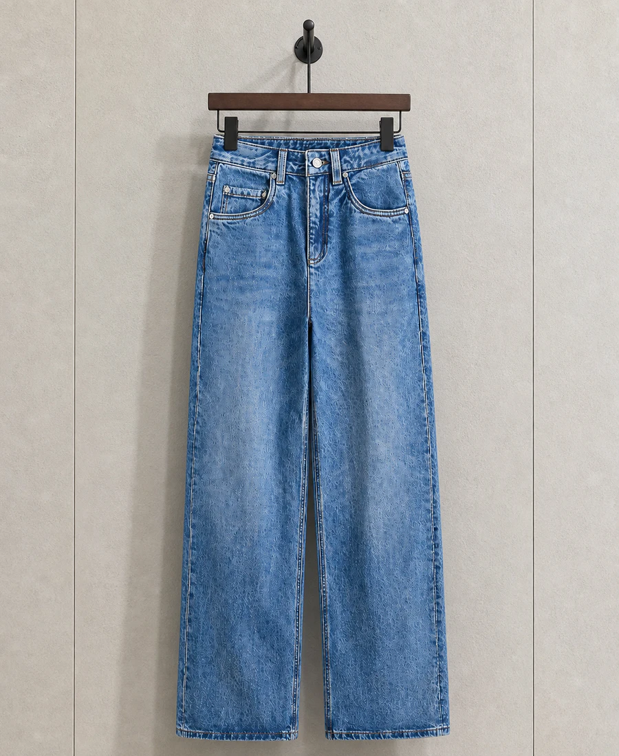 Medium blue women’s high-rise straight-leg jeans sample produced by Beilin Denim