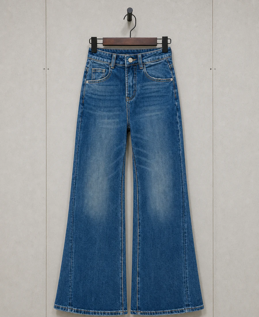 Dark blue high-waisted stretch flare jeans sample produced by Beilin Denim