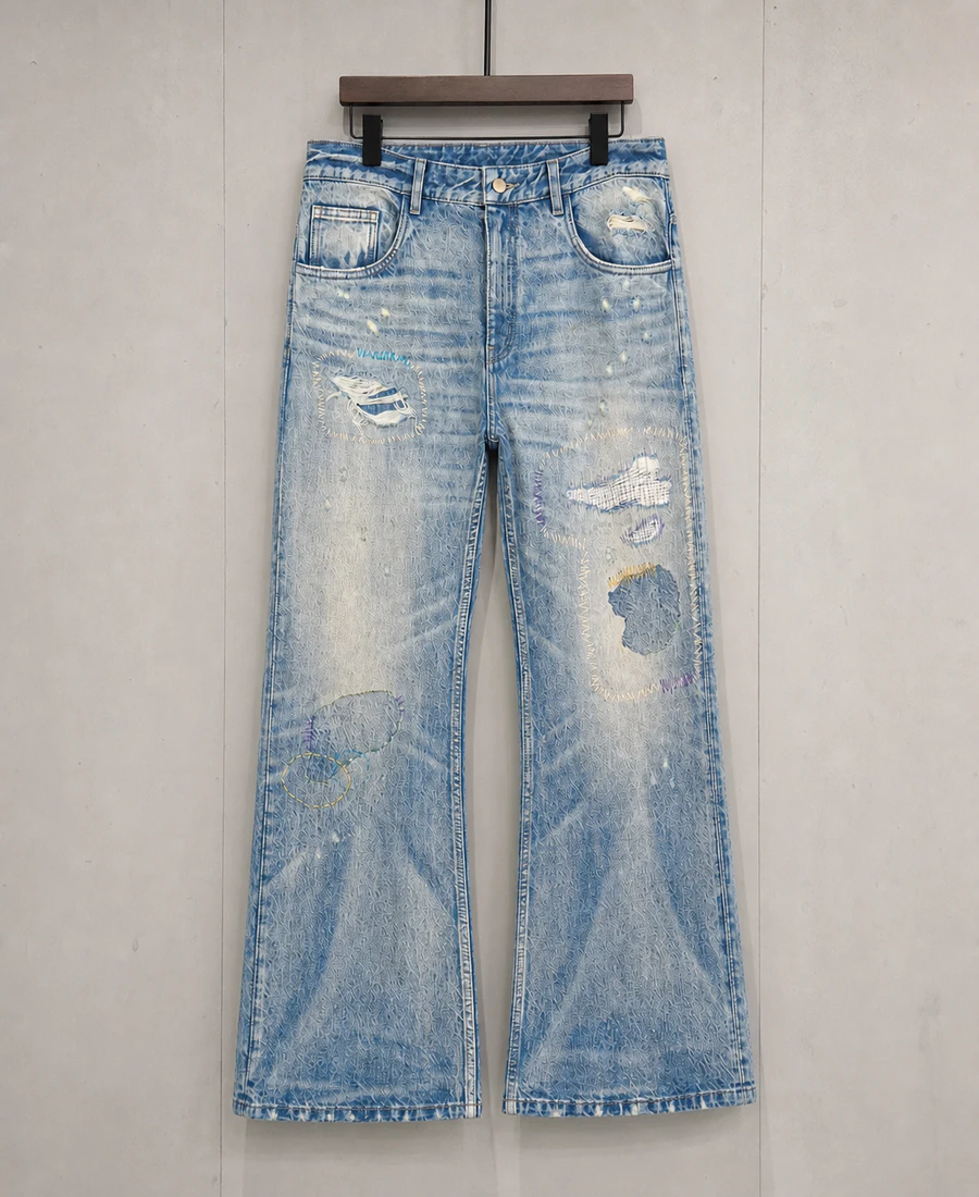Distressed patchwork flare jeans sample produced by Beilin Denim