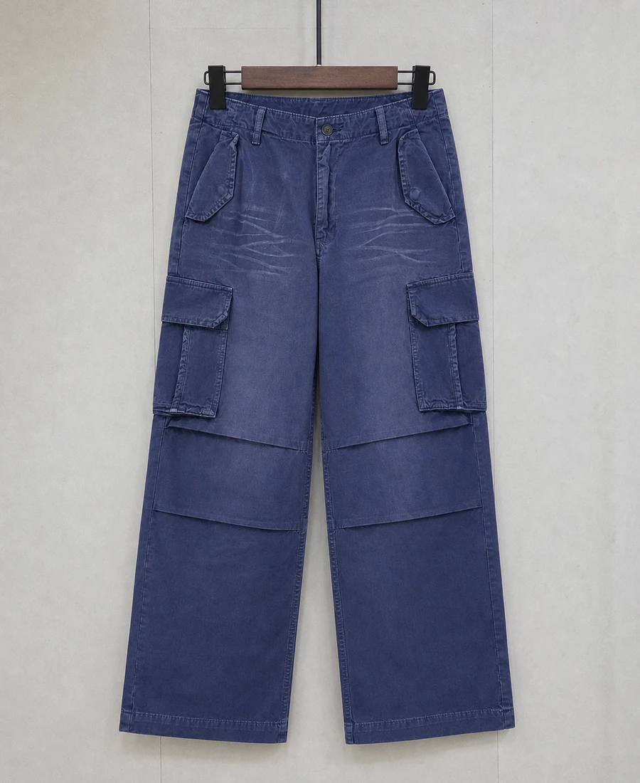 Wax-effect washed cotton twill cargo pants sample produced by Beilin Denim
