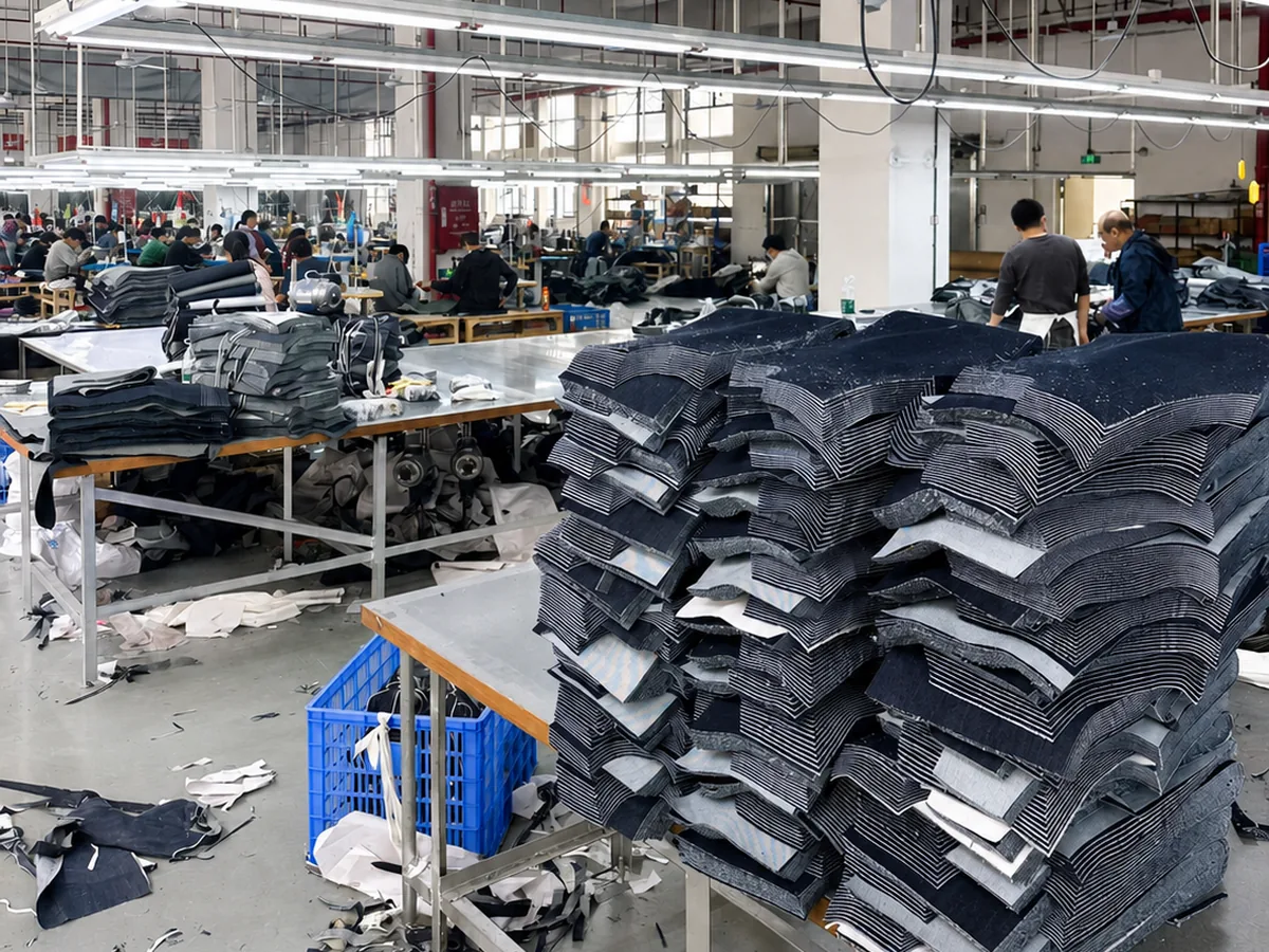 Beilin Denim factory floor in Jun’an, Foshan with cut denim panels and sewing lines
