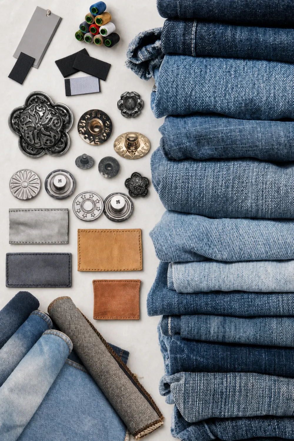 Denim fabrics, metal trims, thread and leather patches for custom denim development