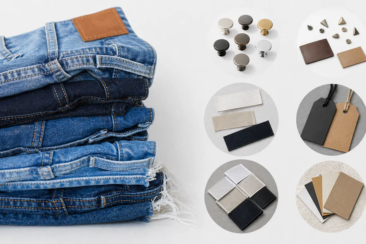 Private label denim options including blank labels, patches, buttons and hangtags