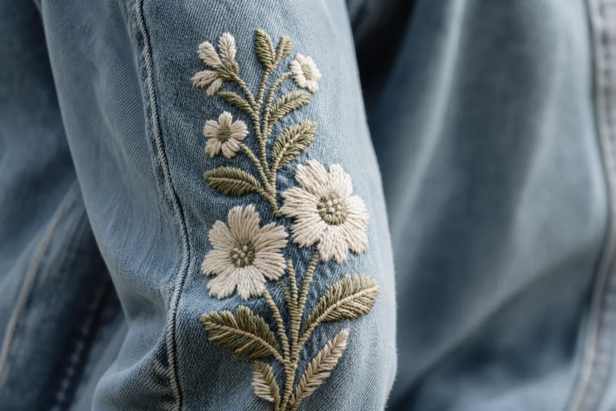Custom floral embroidery detail developed on light blue denim
