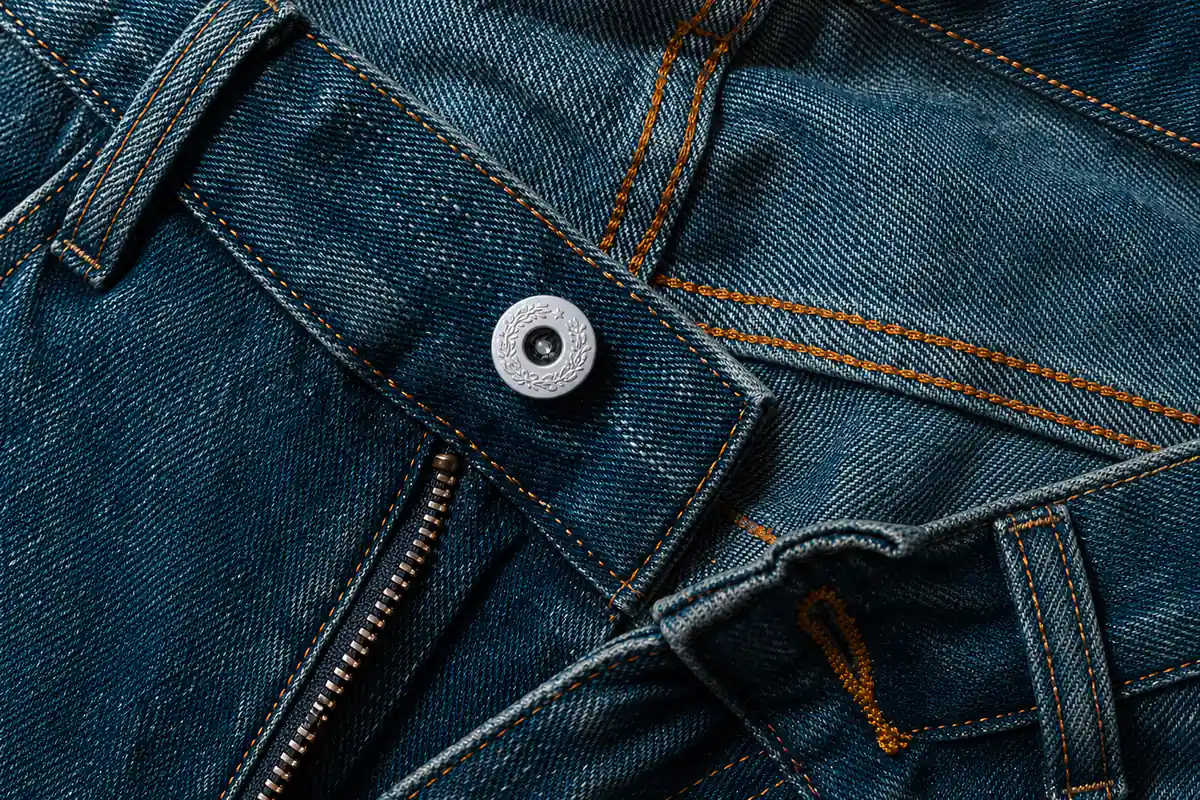 Custom denim fabric construction with zipper, button and topstitching details