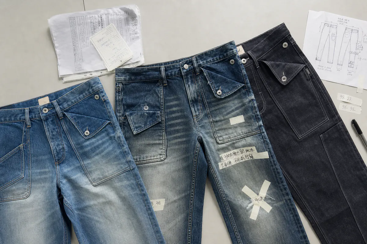 Denim garment samples reviewed with specifications and adjustment markings