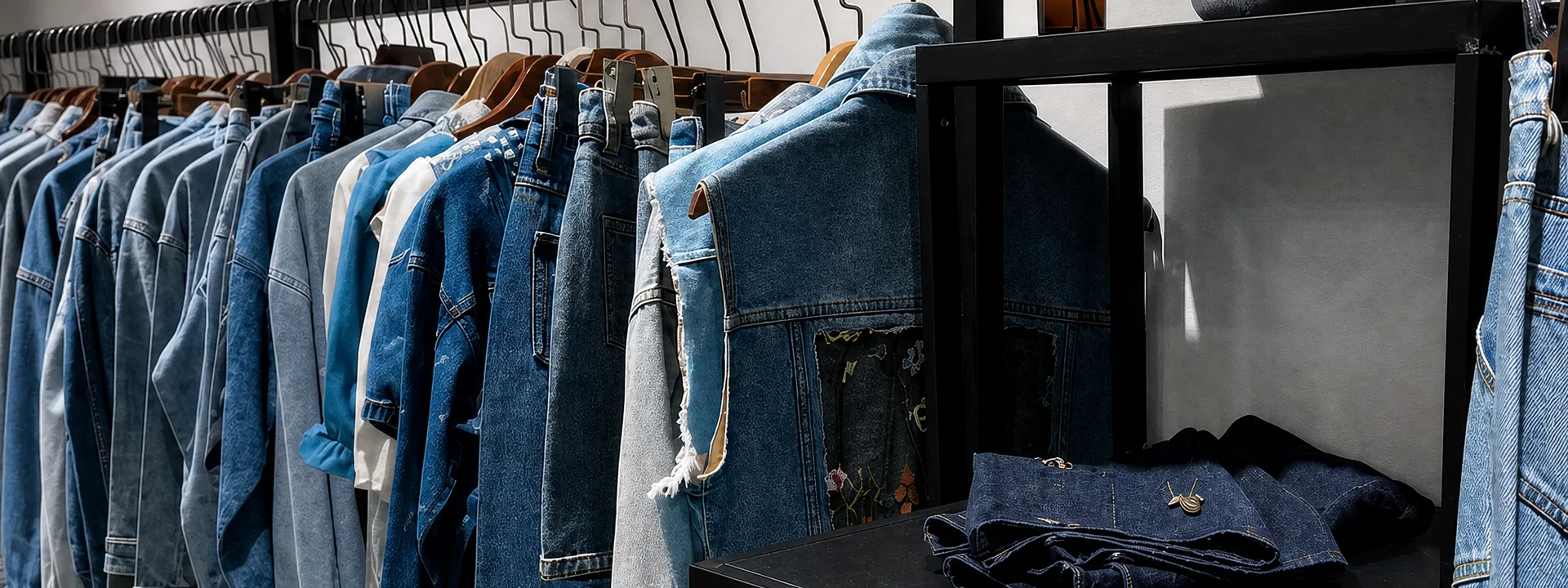 Close-up display of custom denim jackets and garment samples in the Beilin Denim showroom