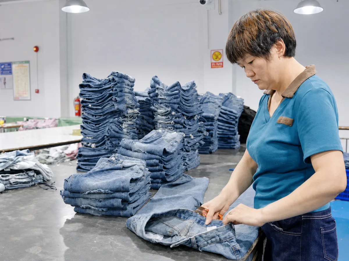 Worker inspecting finished light-wash denim jeans for quality and workmanship