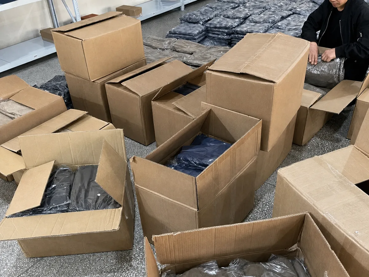 Denim garments packed in polybags and cartons for shipment preparation