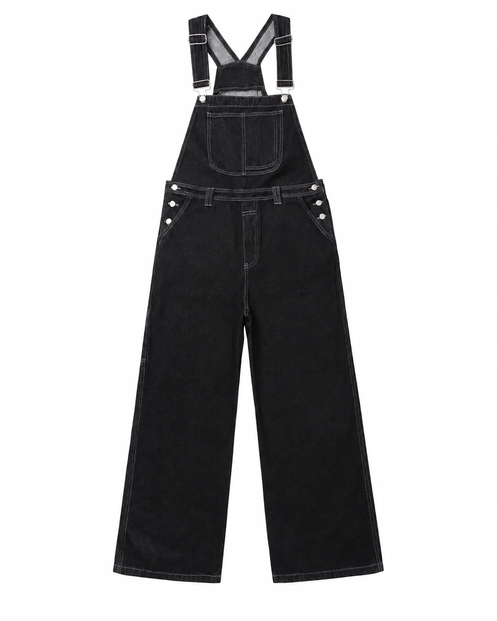Black wide-leg denim bib overalls with utility pockets, adjustable straps and contrast stitching