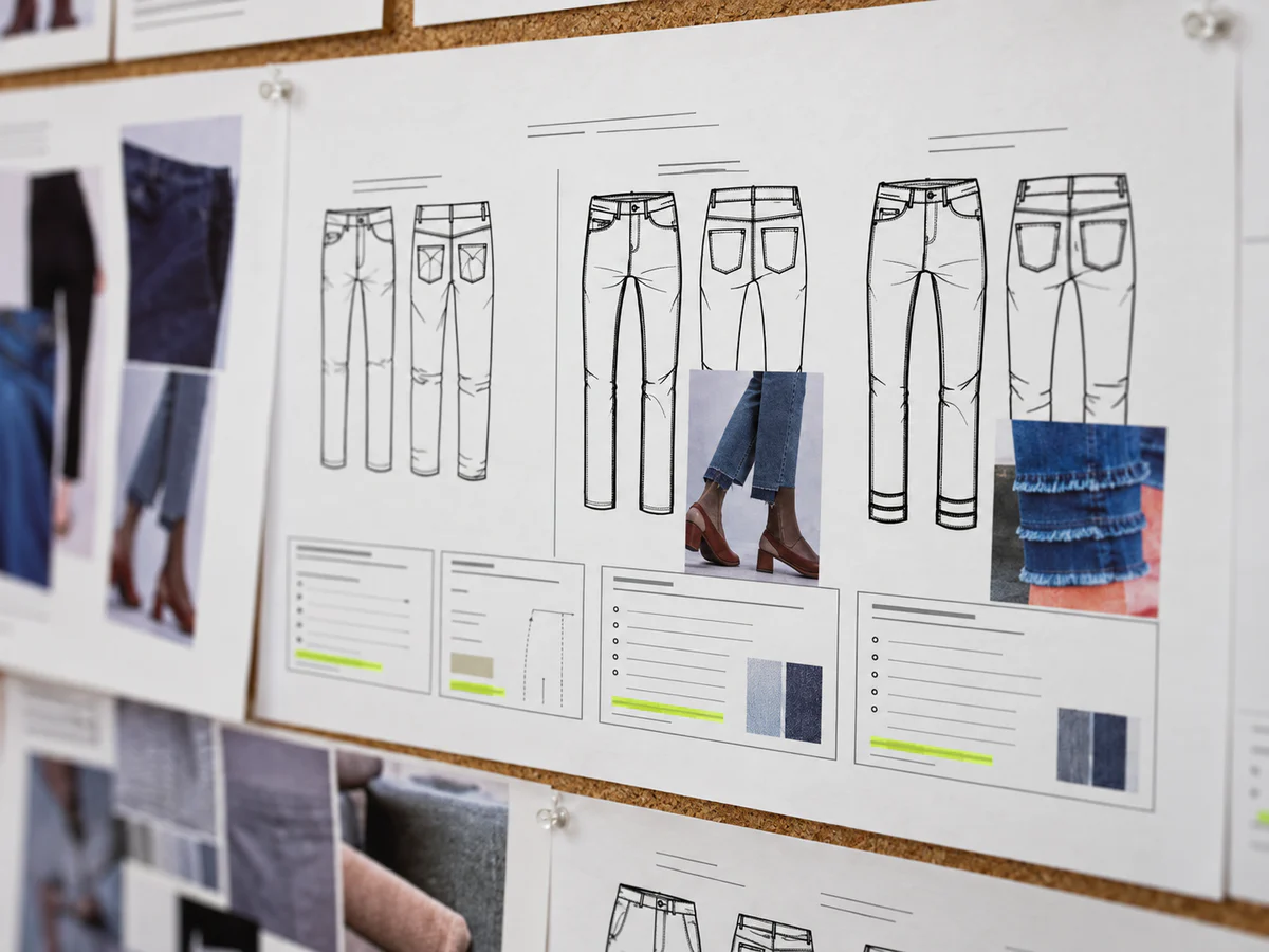 Denim jeans tech pack with technical drawings and fabric references