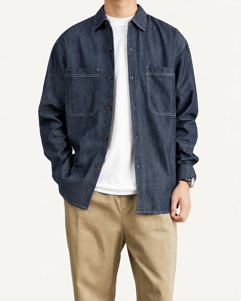 Dark indigo two-pocket denim overshirt for custom OEM and private label production