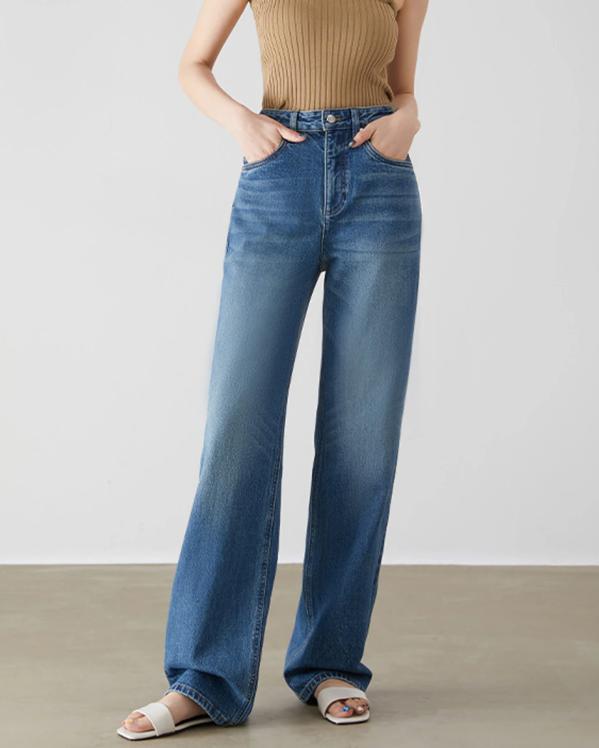 Women’s medium-wash high-rise wide-leg denim jeans