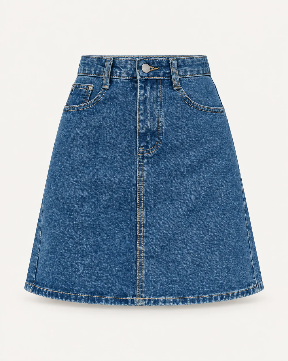 Mid-wash A-line denim mini skirt with high waist and classic front pockets