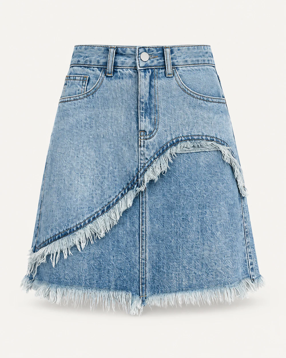 Light-wash denim mini skirt with asymmetric curved panel and raw fringe trim