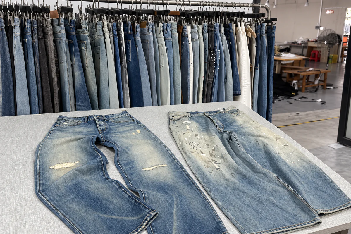 Denim jeans samples displayed on a worktable with a rack of wash references