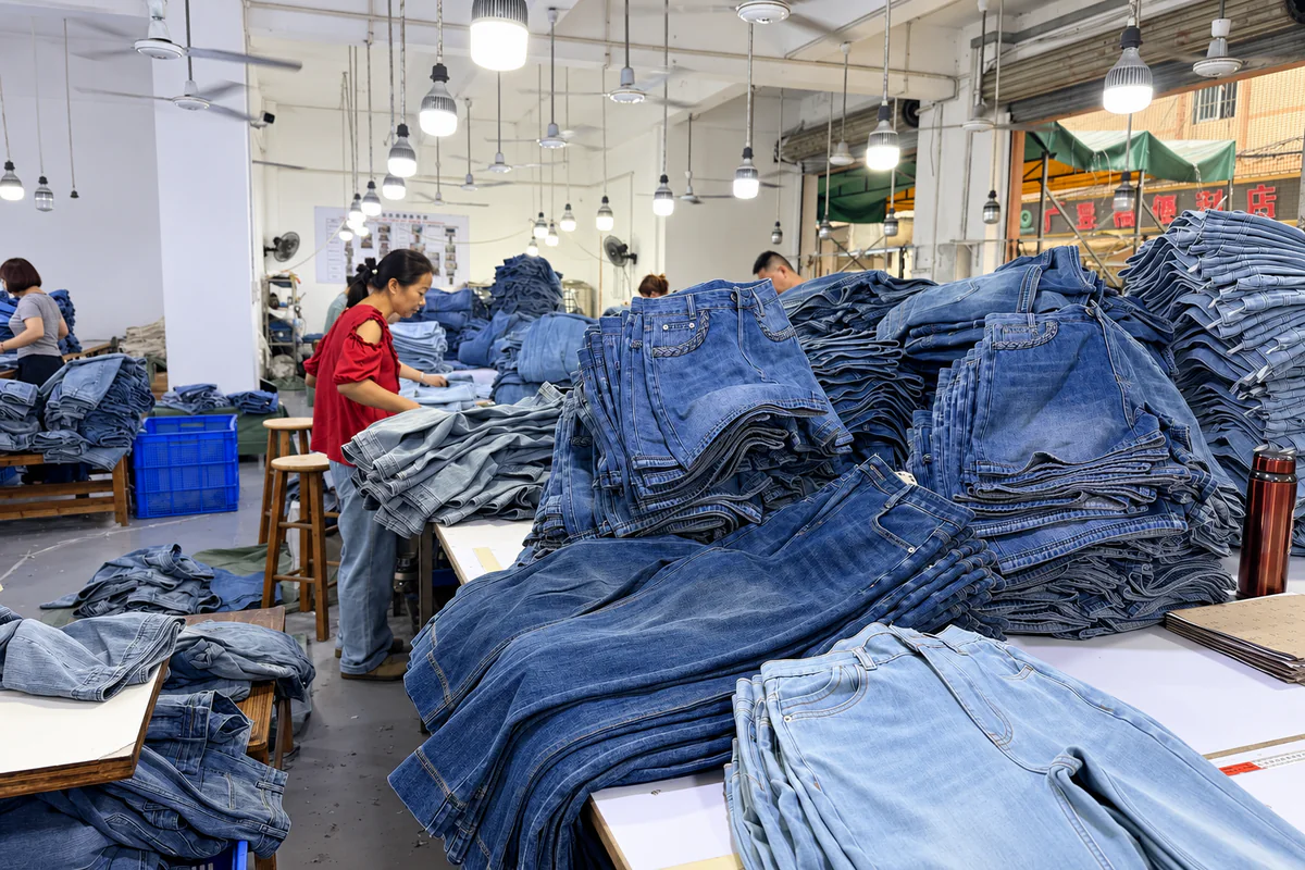 Workers sorting and inspecting finished denim garments in a production workshop