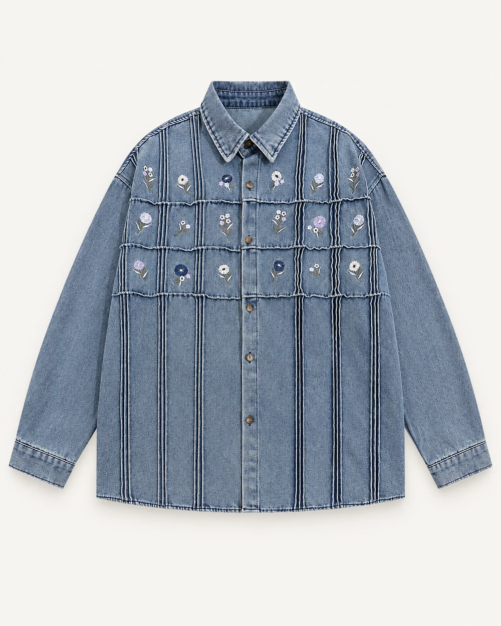 Floral embroidered panel-seam denim overshirt for custom fashion collections