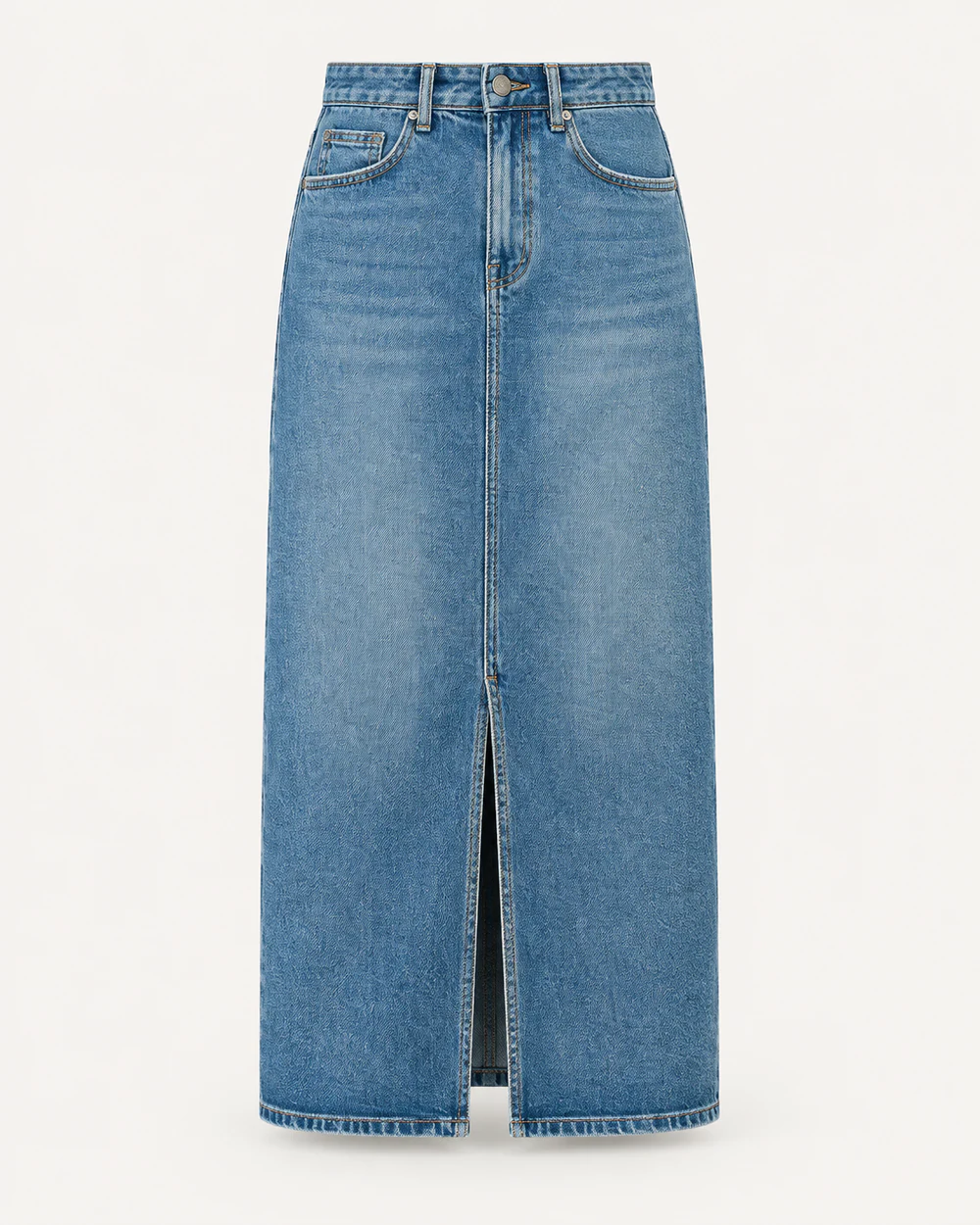 Medium-wash straight denim maxi skirt with center seam and front slit