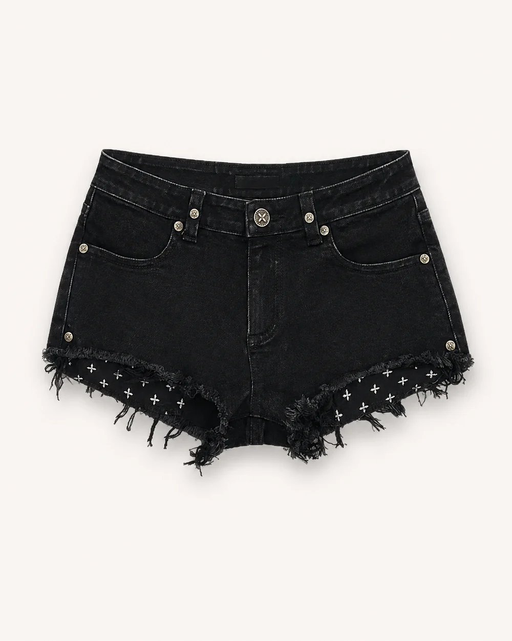 Women's black denim shorts with cross embroidery and an asymmetric frayed hem