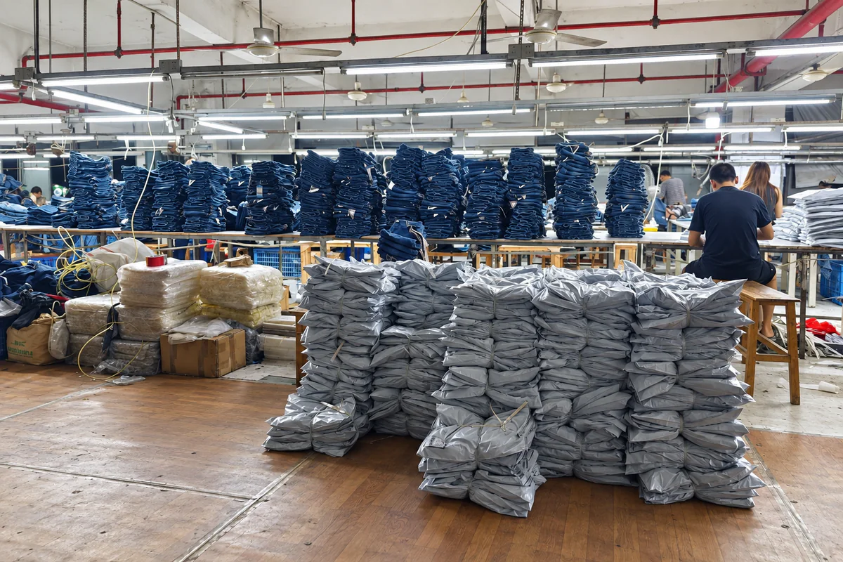 Packed finished garments and sorted denim jeans ready for order preparation