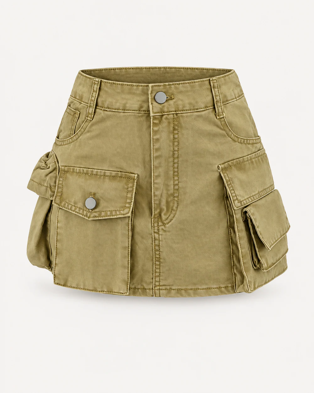 Olive garment-dyed denim mini skirt with asymmetric utility cargo pockets