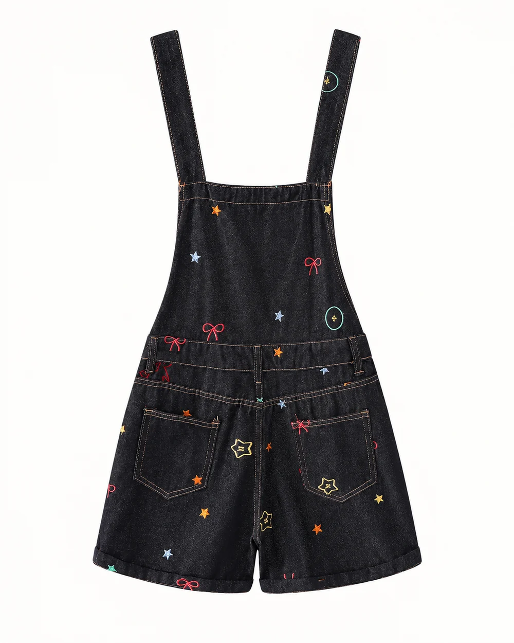 Black denim short overalls with colorful star and bow embroidery, shown from the back