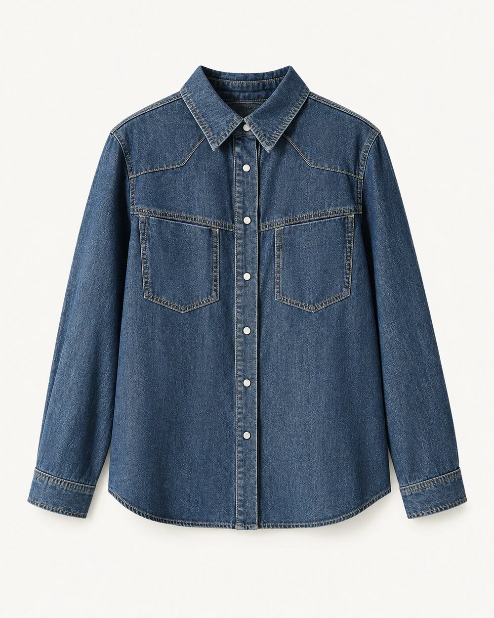 Western-yoke two-pocket denim shirt with metal snap front
