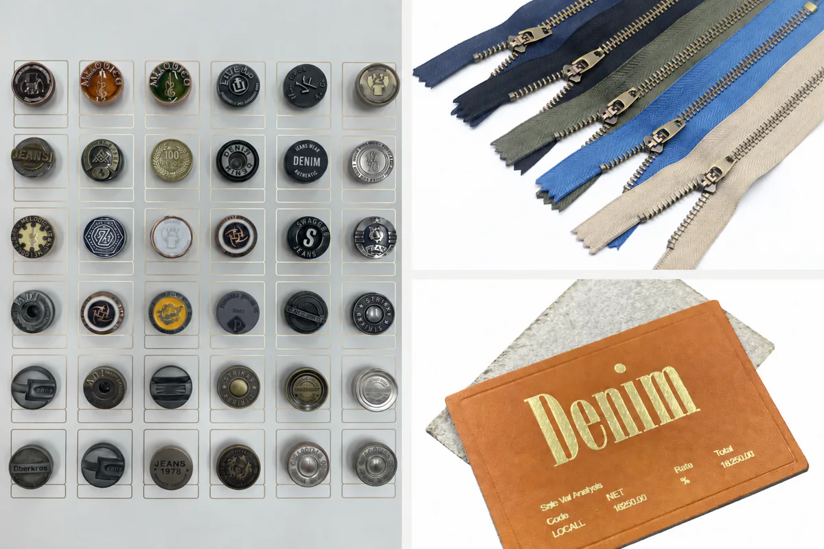 Custom denim buttons, zippers and leather patches for private label production