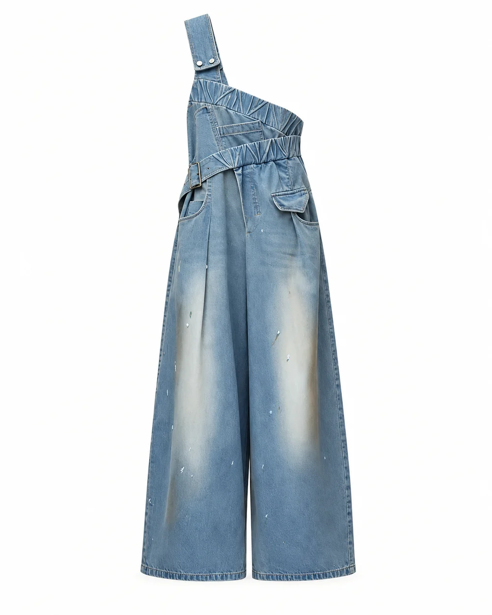 Light-blue one-shoulder denim jumpsuit with gradient wash, gathered waist and wide legs