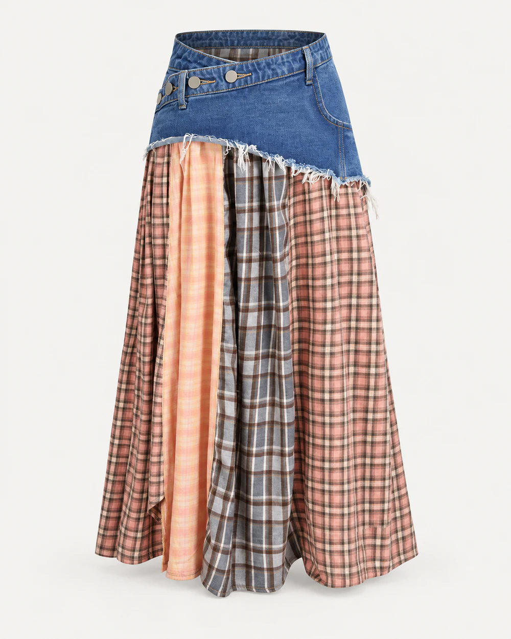 Asymmetric denim maxi skirt with raw-edge yoke and mixed plaid fabric panels