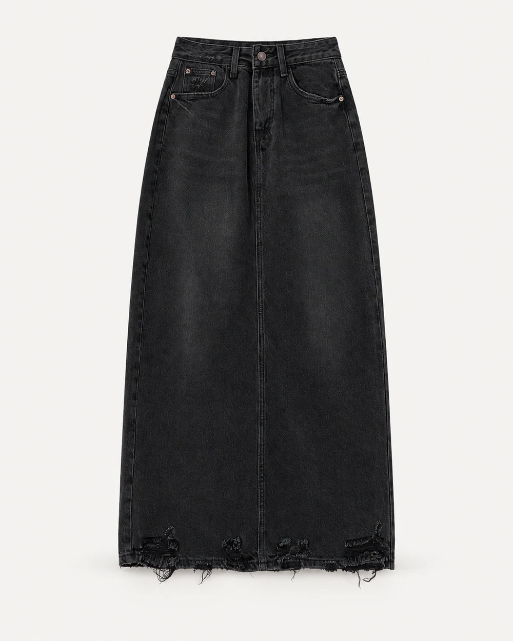 Black-wash straight denim maxi skirt with distressed raw hem