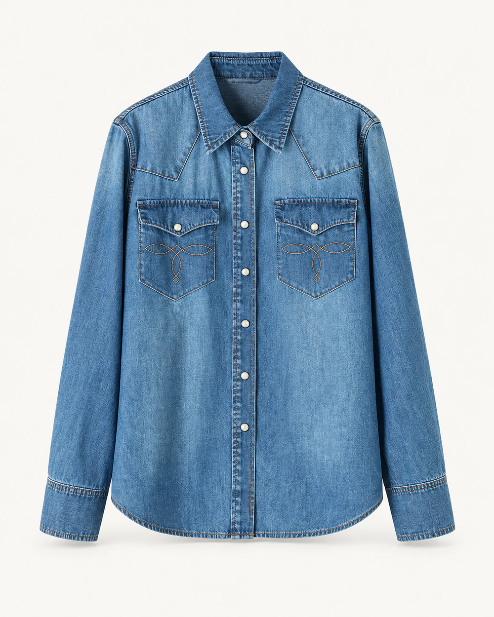 Light wash western-snap denim shirt with embroidered flap pockets