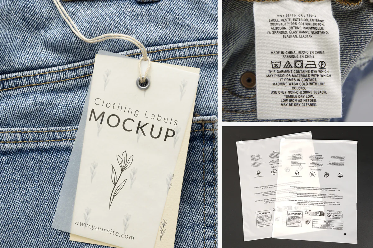 Custom denim hangtags, care labels and packaging bags for private label branding
