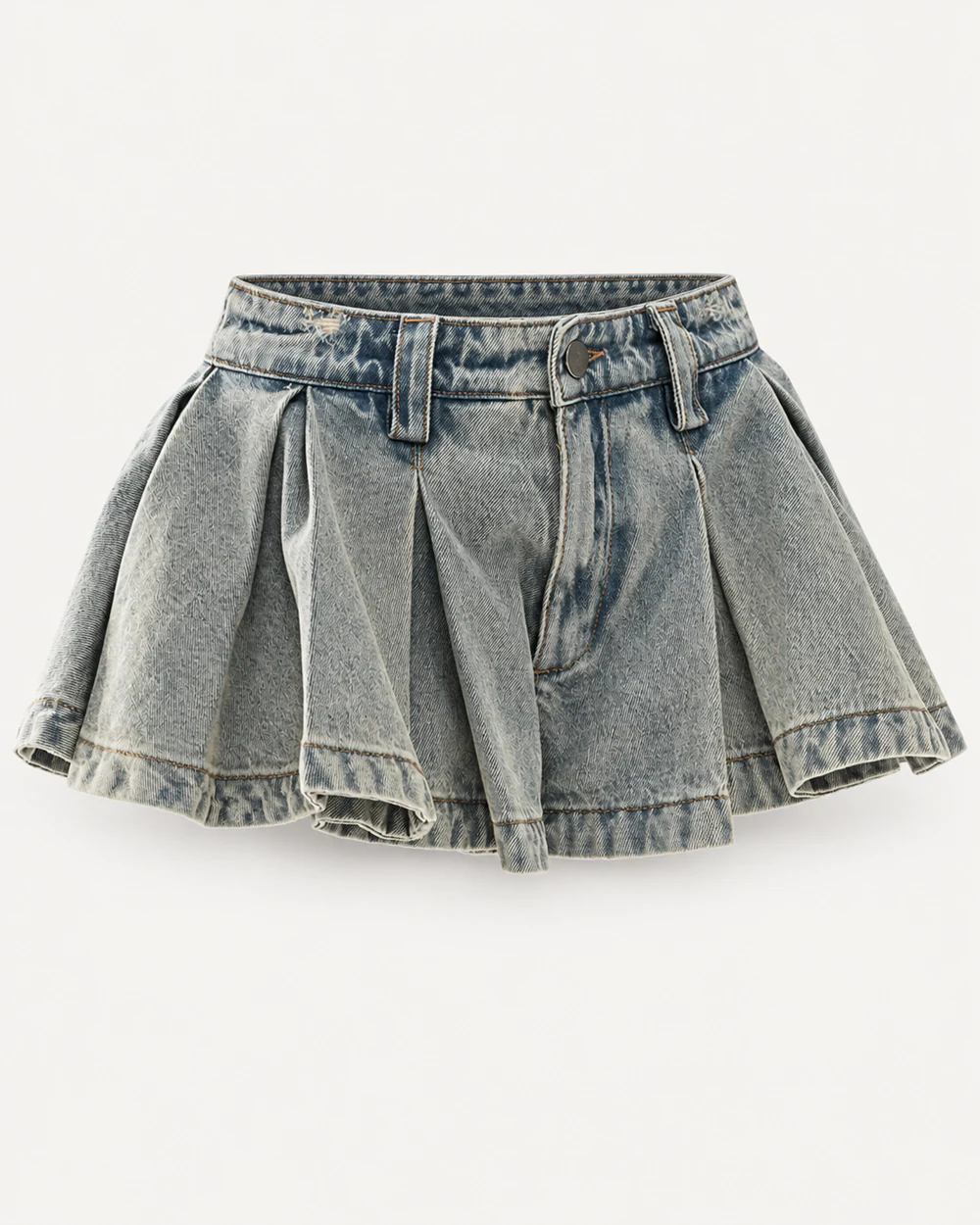 Faded gray-blue pleated denim mini skirt with flared skater silhouette