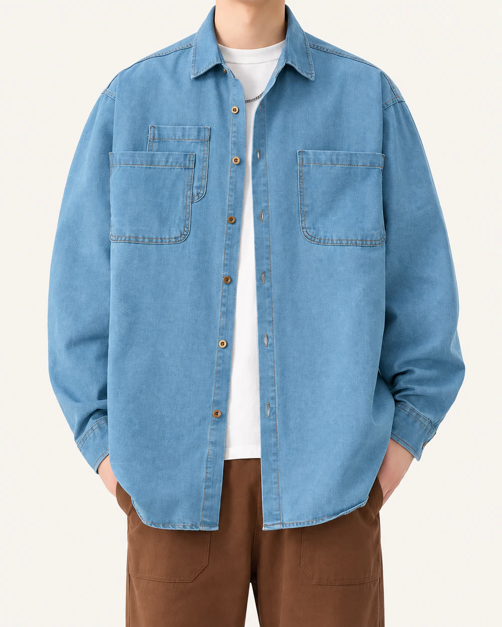 Light wash utility-pocket denim overshirt with oversized relaxed fit