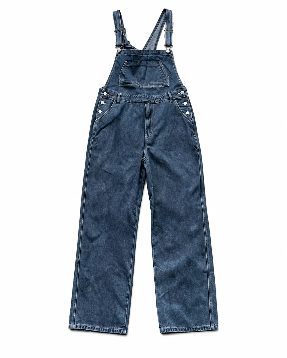 Vintage cloud-wash denim bib overalls with adjustable straps, side buttons and wide legs