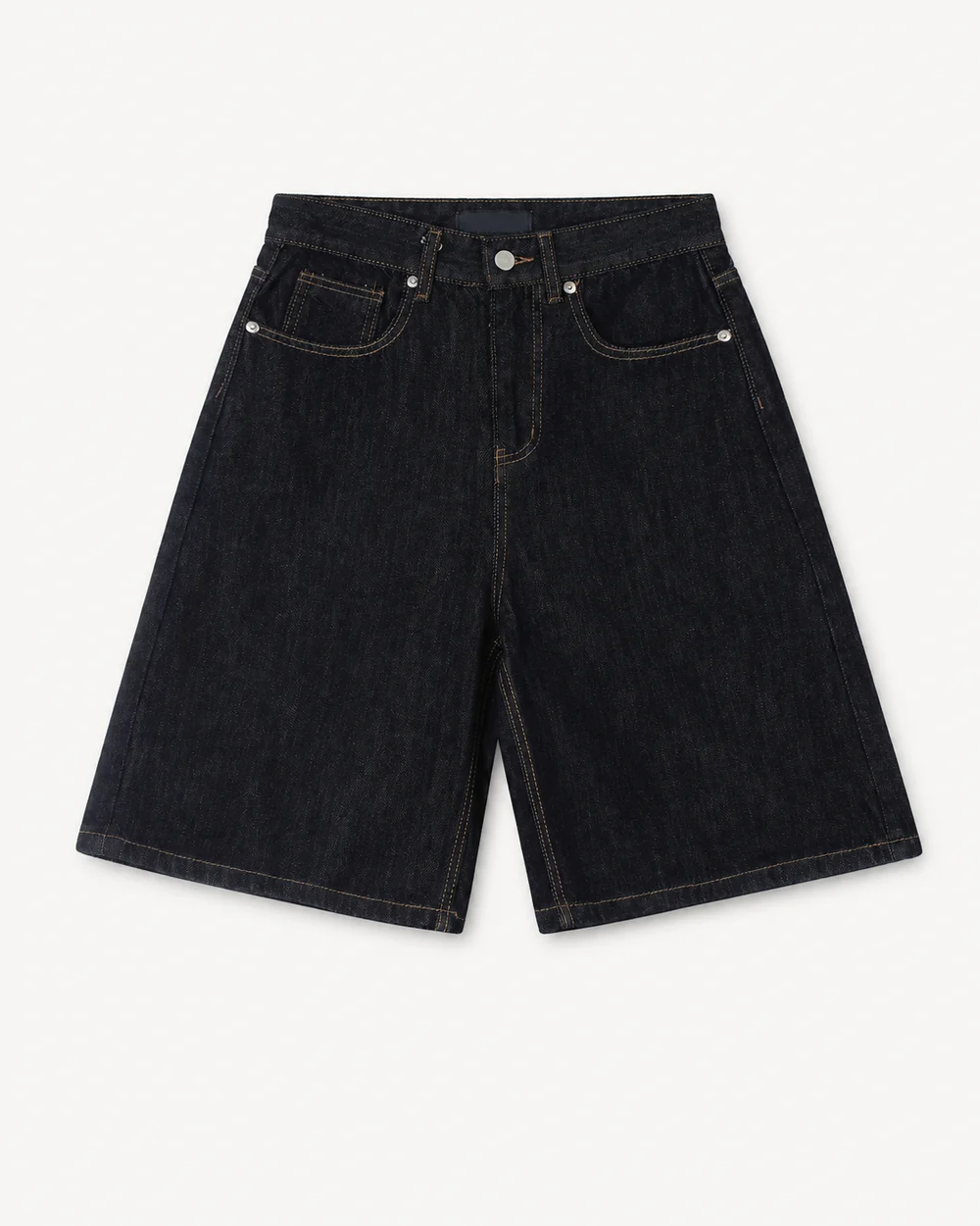 Dark-indigo rigid denim shorts with contrast stitching and a wide long-leg fit