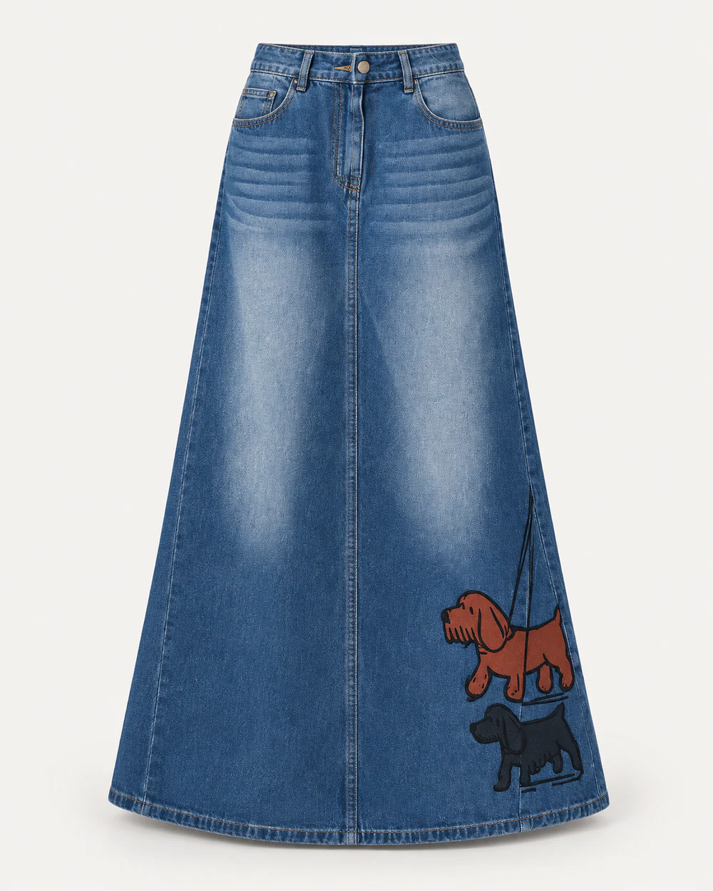 Medium-wash A-line denim maxi skirt with stacked dog applique graphics