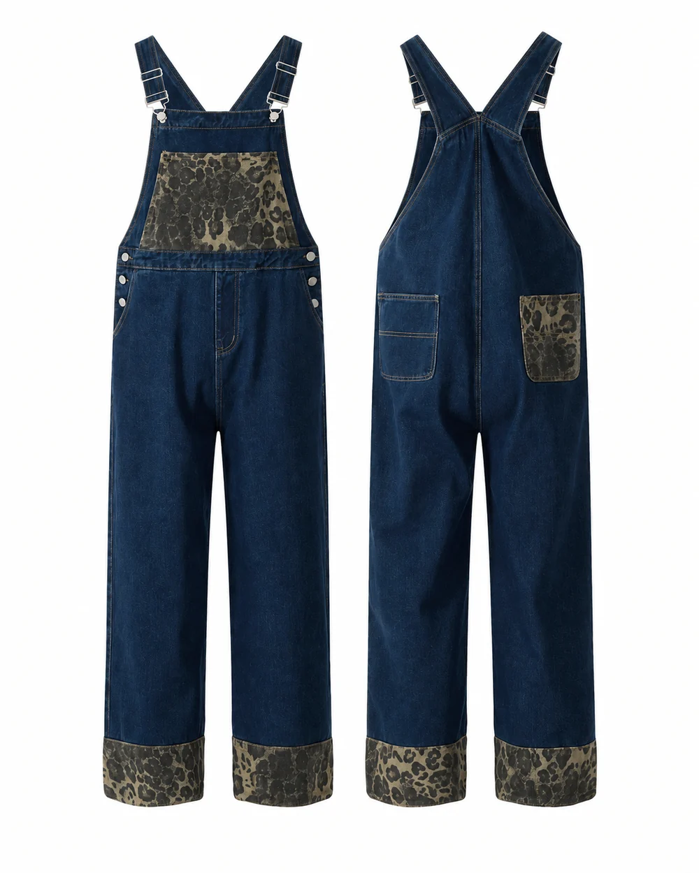 Front and back views of indigo denim overalls with leopard-print bib panel and cuffs
