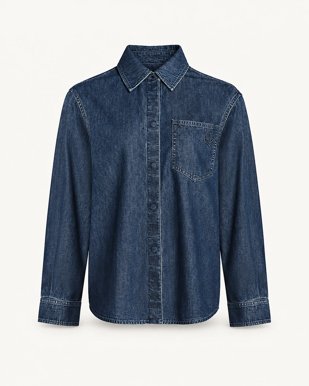 Dark wash denim shirt with concealed placket and tonal embroidered pocket