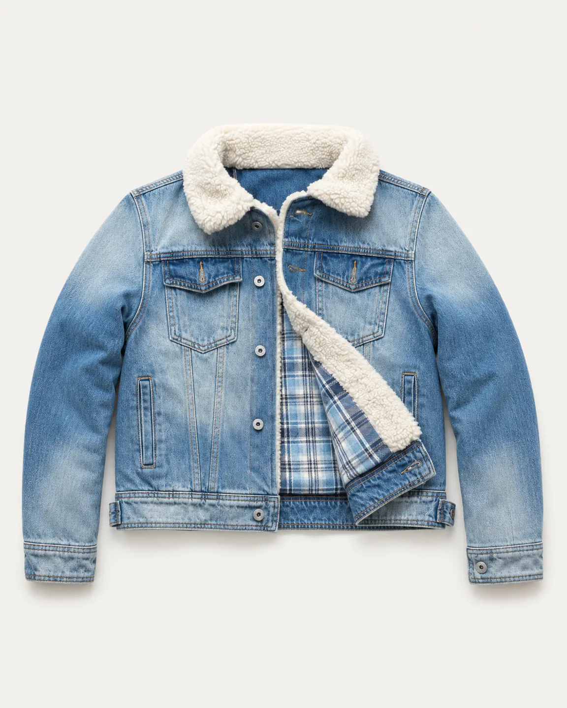 Light-wash sherpa-lined denim trucker jacket with plaid interior
