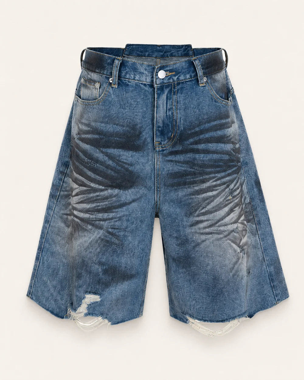 Vintage blue wide-leg denim jorts with dramatic whisker washing and distressed hems
