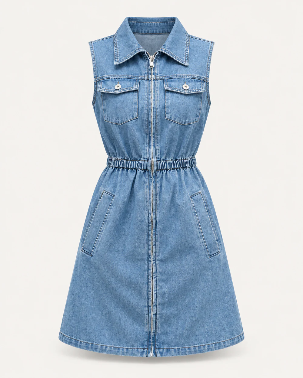 Light-wash sleeveless denim mini dress with front zipper and elastic waist