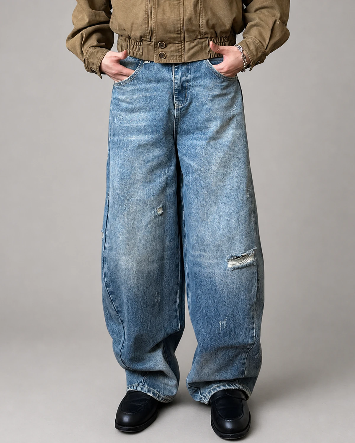 Unisex light-wash distressed extra-wide denim jeans