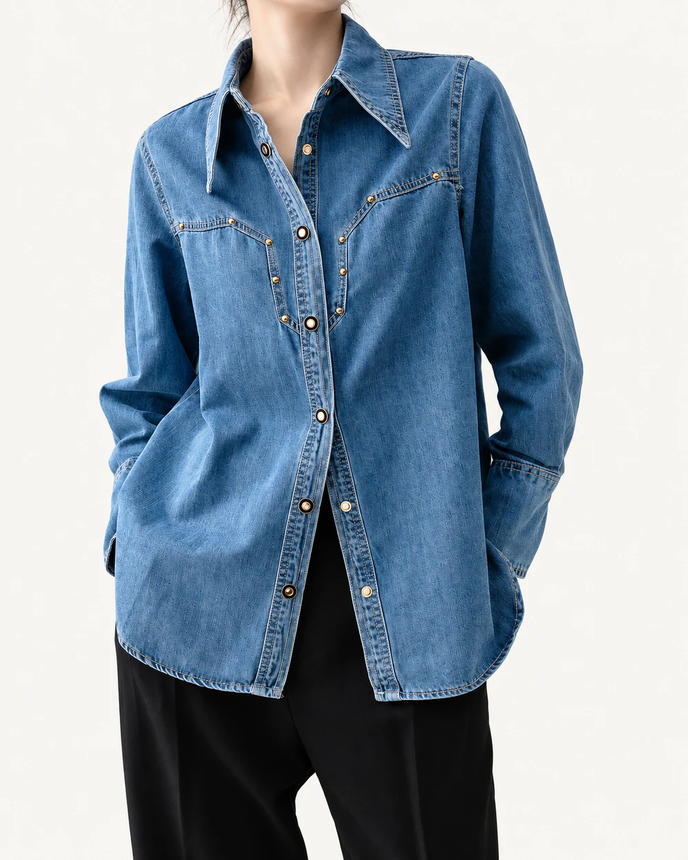 Long-point western denim overshirt with curved pocket seams and rivet details