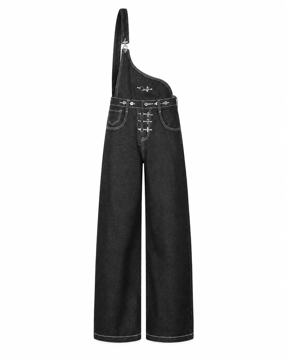 Black one-shoulder denim jumpsuit with wide legs, metal hook closures and contrast stitching