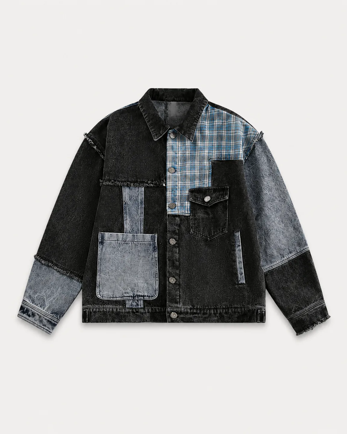 Black and blue patchwork denim jacket with a plaid panel and raw-edge details