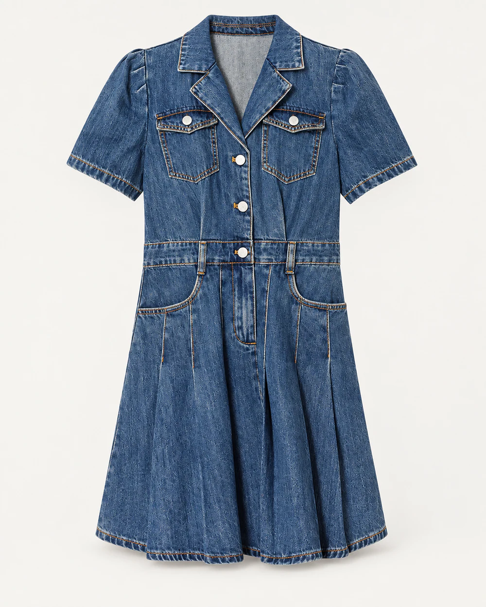 Medium-indigo short-sleeve denim shirt dress with lapel collar and front pockets